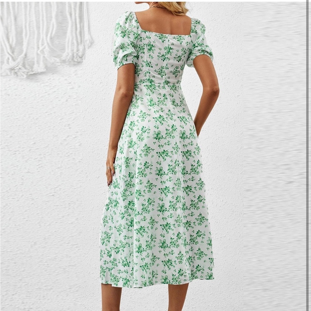Off-Shoulder Dress with Green Floral Pattern - Picture 2 of 9